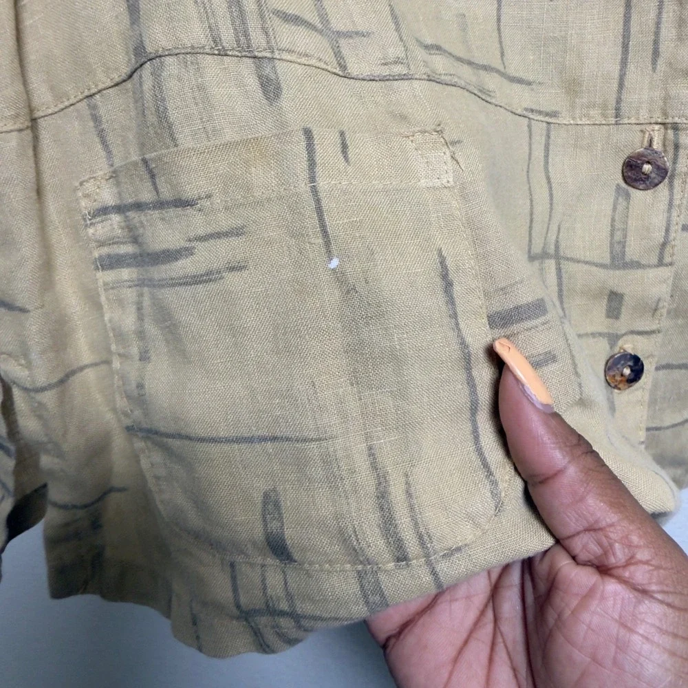 Women 100% Linen Tunic Sleeveless Top Large Tan Abstract Pockets‎ Artsy Coastal - Picture 2 of 6
